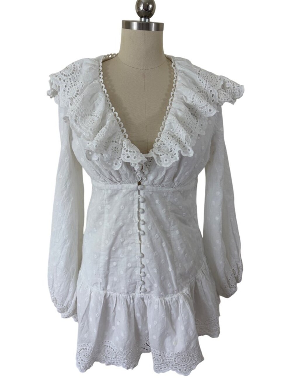 Prairie Chic Cottage Romantic Eyelet Ruffle Mini Dress Womens L White Boho Chic